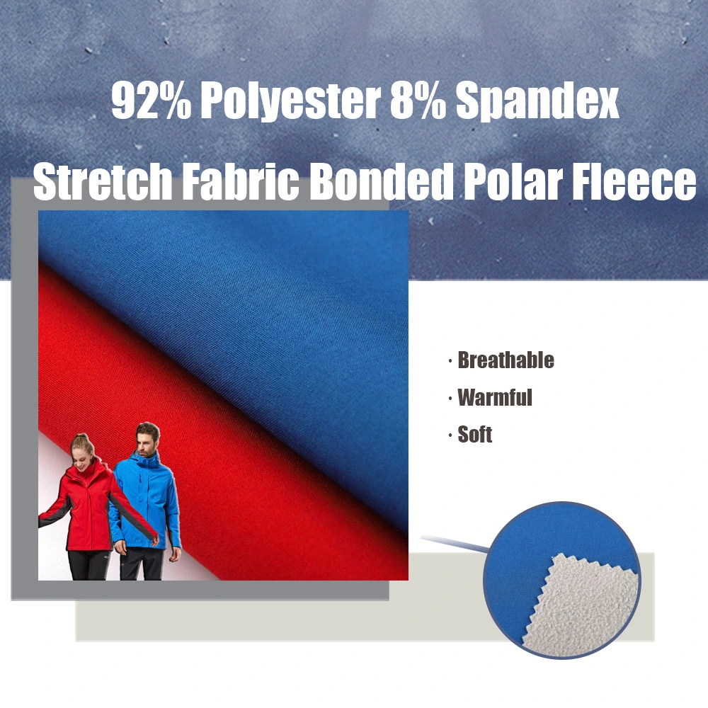 100% Polyester 100d 4 Way Stretch Fabric Bonded Polar Fleece Fabric Laminated Fleece Softshell Fabric for Outdoor Clothing Winter Coats Down Jacket